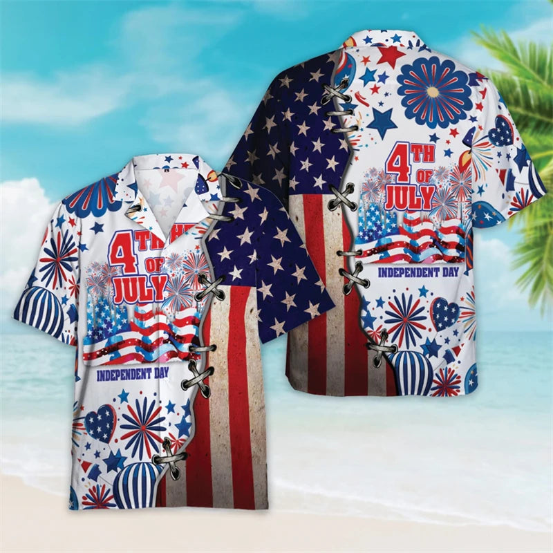 4th Of July Shirts For Men Clothes USA Flag Lapel Blouse Patriotic Hawaii Button Clothes  American Independence Day Short Sleeve