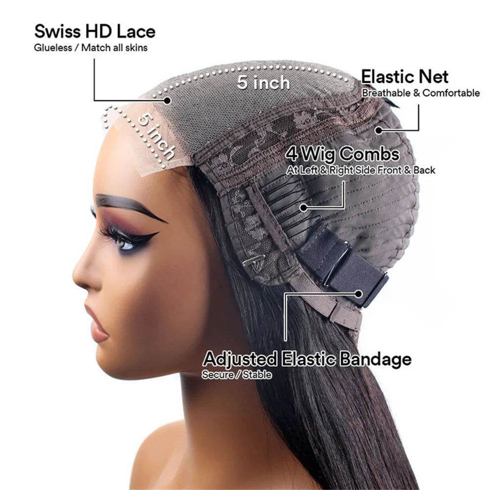 Deep Wave Lace Frontal Wigs 4x4 5x5 Glueless Wig Bob Wig Human Hair Pre Plucked HD Transparent Lace For Women Natural Black 16In
