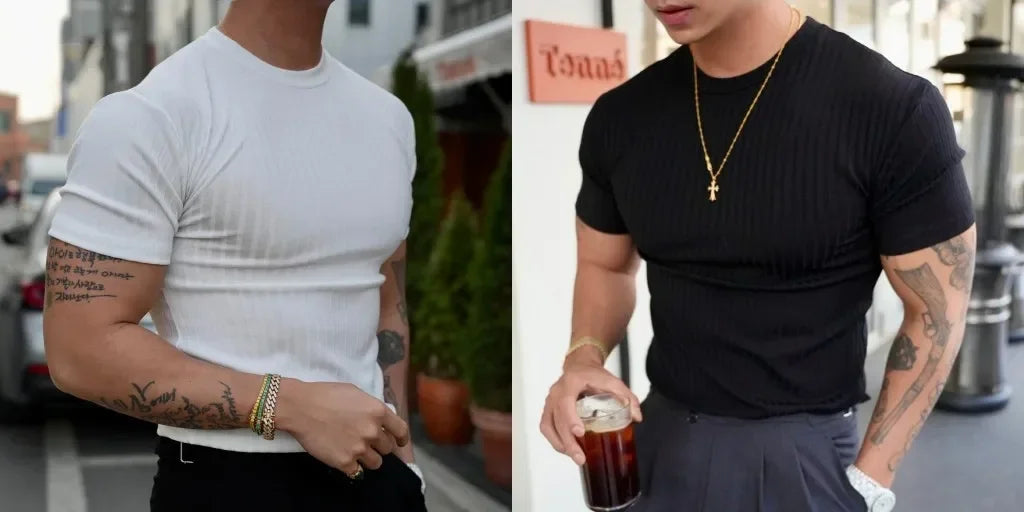 2025 new Fashion Fitness Training T-shirt Men's Summer Sports Leisure Round Neck Elastic Short Sleeve Vertical Stripe T-shirt