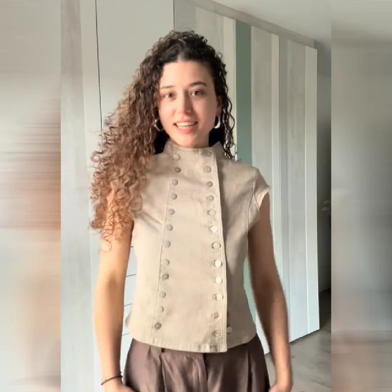 Two-Piece Set For Women Fashion High Neck Double Breasted Sleeveless Blouse Plaid Wide Leg Pants Suit Lady's Casual Outfit