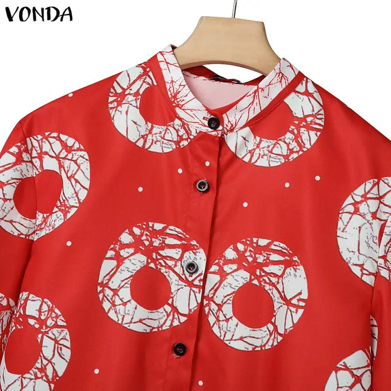 5XL VONDA Plus Size 2 Piece Outfits Autumn Women Bohemian 3/4 Sleeve Fashion Shirts Wide Leg Pants Print Vintage Pant Sets 2PCS