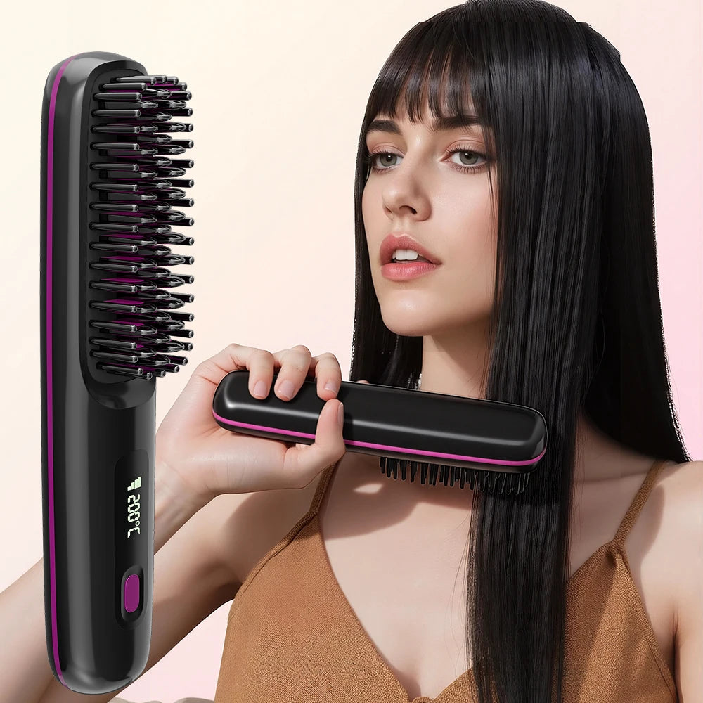 Hair Straightener Brush with 3 Temp Settings, Fast Heating & Auto-off, Portable Rechargeable Ionic Straightening Comb for Women