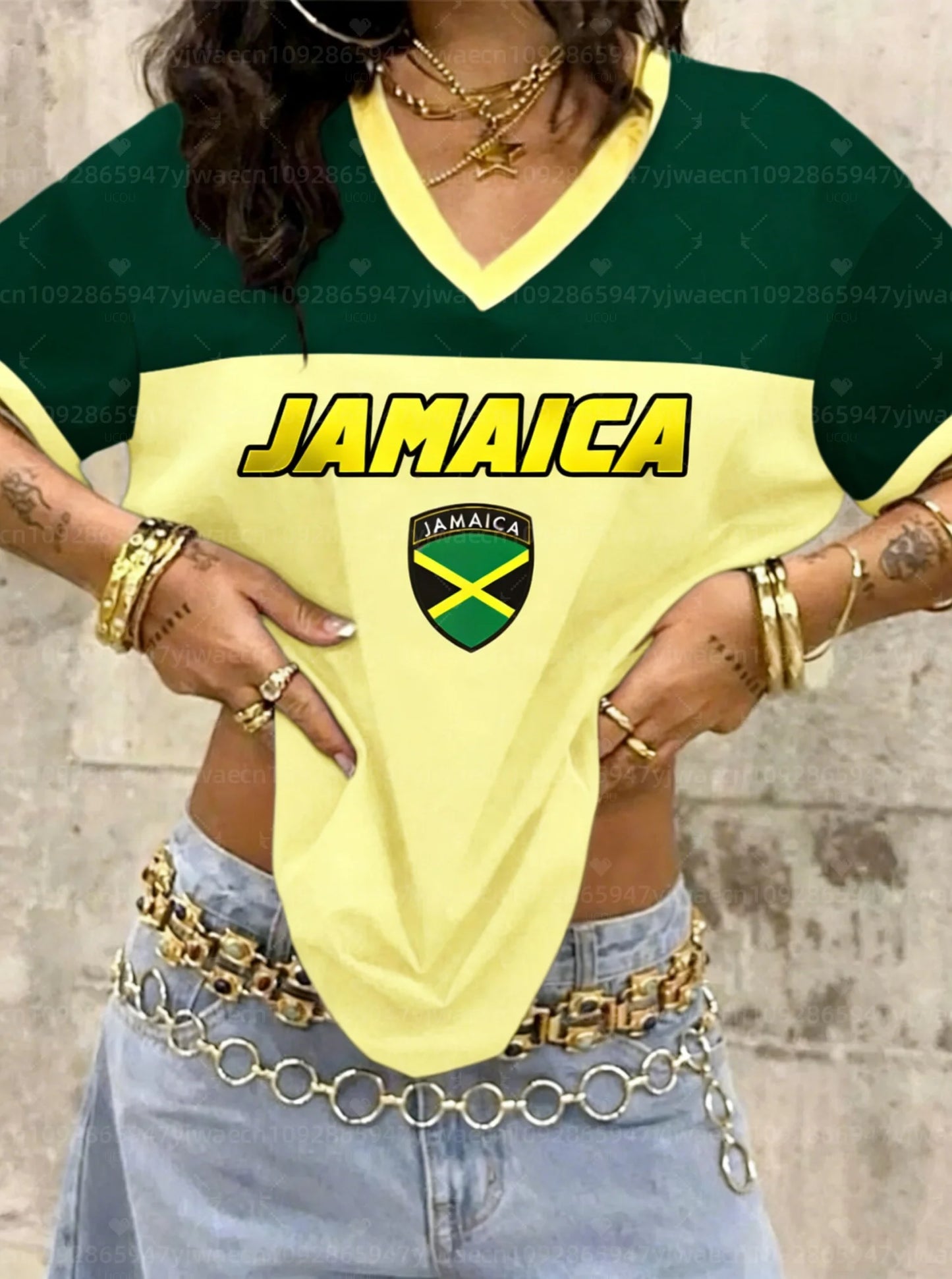 26 Women Summer Jamaican Flag Graphic Print V-Neck Short Sleeve T-Shirt Men Women Tops Retro Street Ladies Sport Plus Size Tops