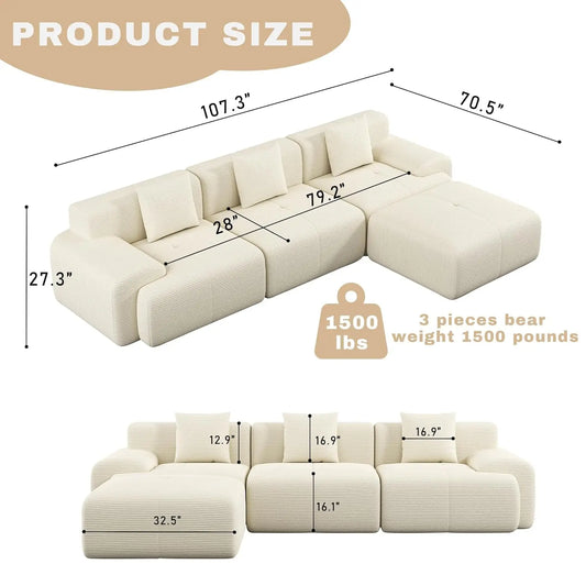 107in Modular Sectional Sofa with Ottoman L-Shape Deep Seat Corduroy Memory Foam No Assembly Living Room Furniture Custom