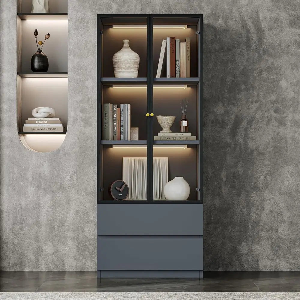 Illuminated Glass Display Cabinet with Two Drawers, 3-Tier Storage Hutch, Wooden Showcase for Dining Room and Kitchen
