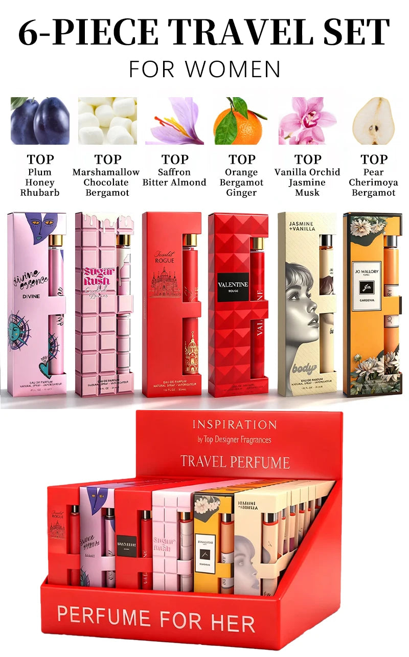 6-piece travel set, men's and women's eau de toilette spray, long-lasting fragrance, 6 different flavors, perfect for holiday gi