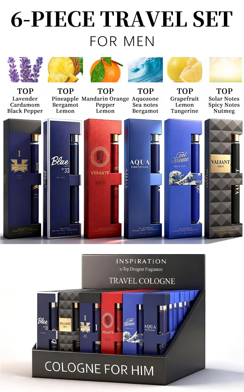 6-piece travel set, men's and women's eau de toilette spray, long-lasting fragrance, 6 different flavors, perfect for holiday gi