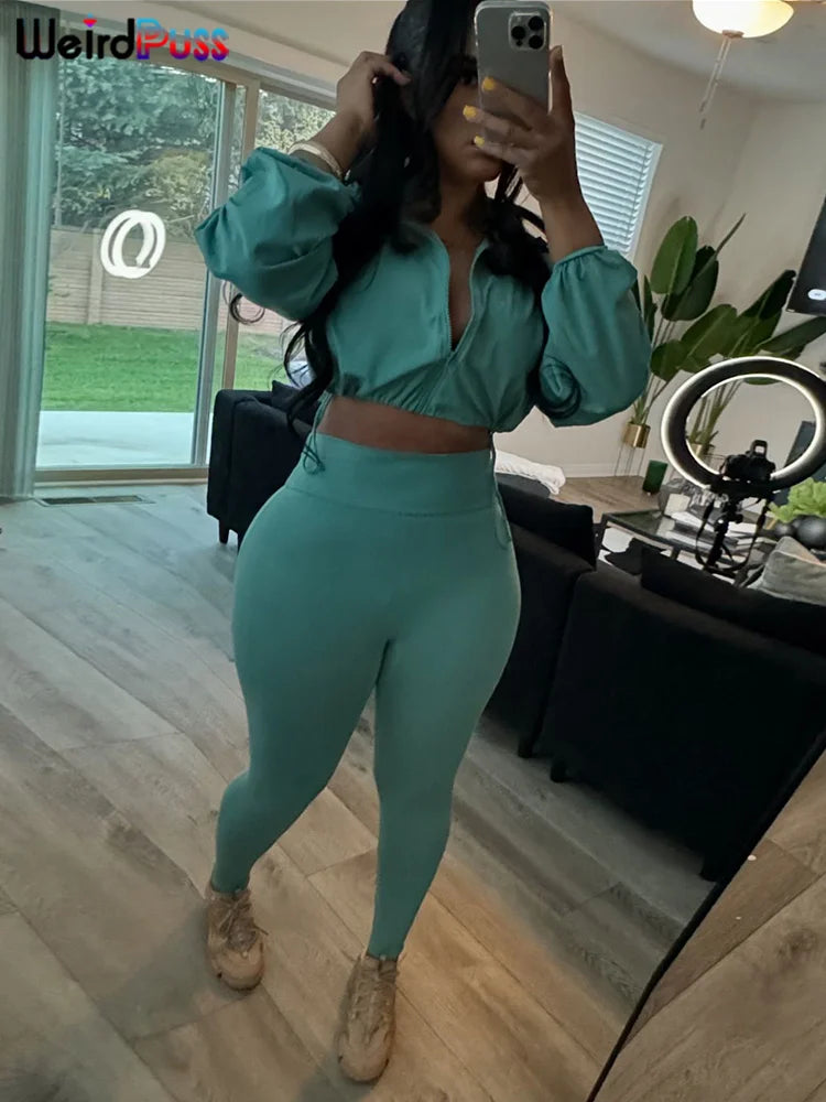 Weird Puss Women Tracksuit 2 Piece Set 2024 Autumn Casual Zip Thin Drawstring Jacket+Leggings Matching Streetwear Sporty Suit