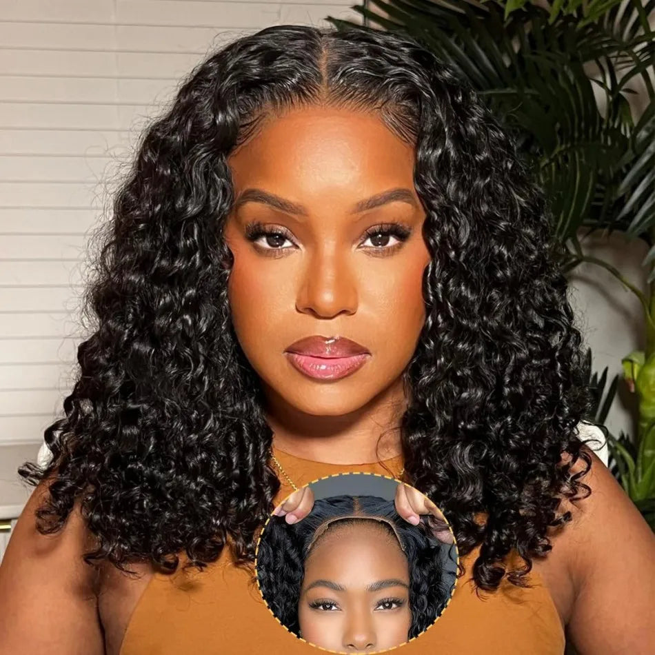 Deep Wave Lace Frontal Wigs 4x4 5x5 Glueless Wig Bob Wig Human Hair Pre Plucked HD Transparent Lace For Women Natural Black 16In