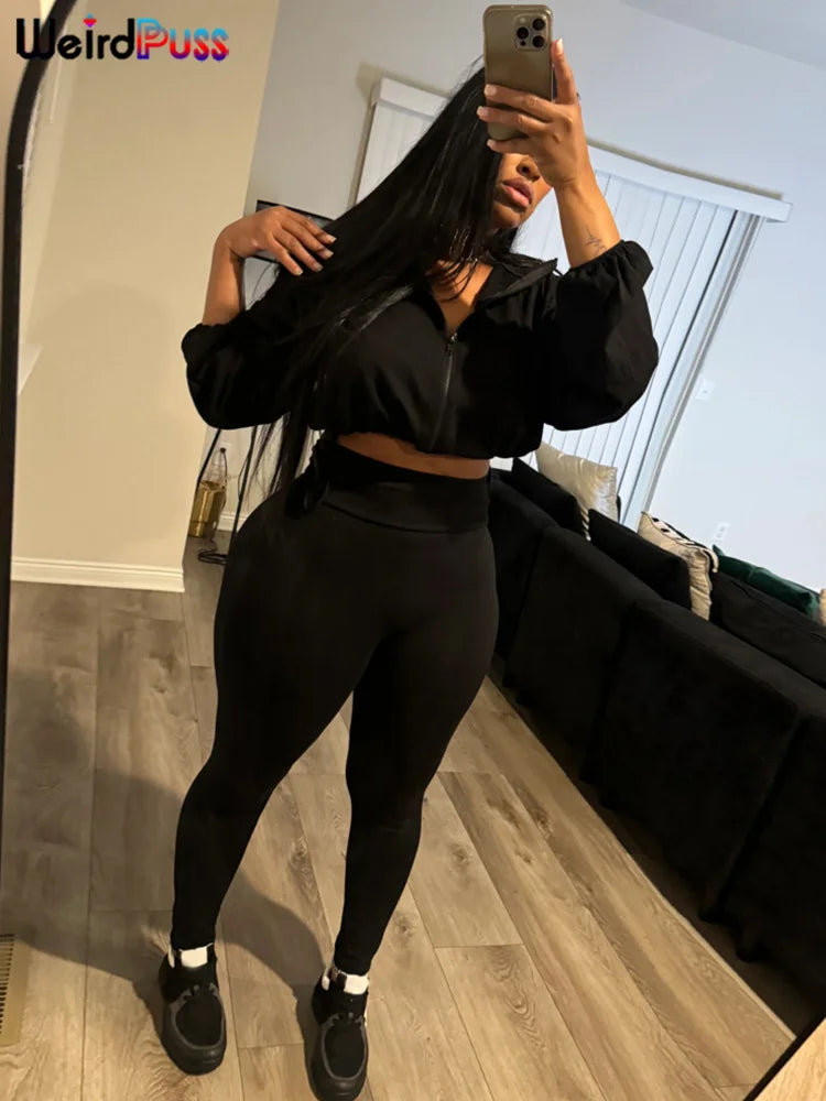 Weird Puss Women Tracksuit 2 Piece Set 2024 Autumn Casual Zip Thin Drawstring Jacket+Leggings Matching Streetwear Sporty Suit