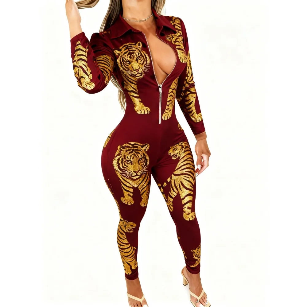 Women's American Flag Jumpsuit Patriotic 4th of July Outfit Sexy Animal Print V-Neck Zipper Front Romper Sexy Party Clubwear