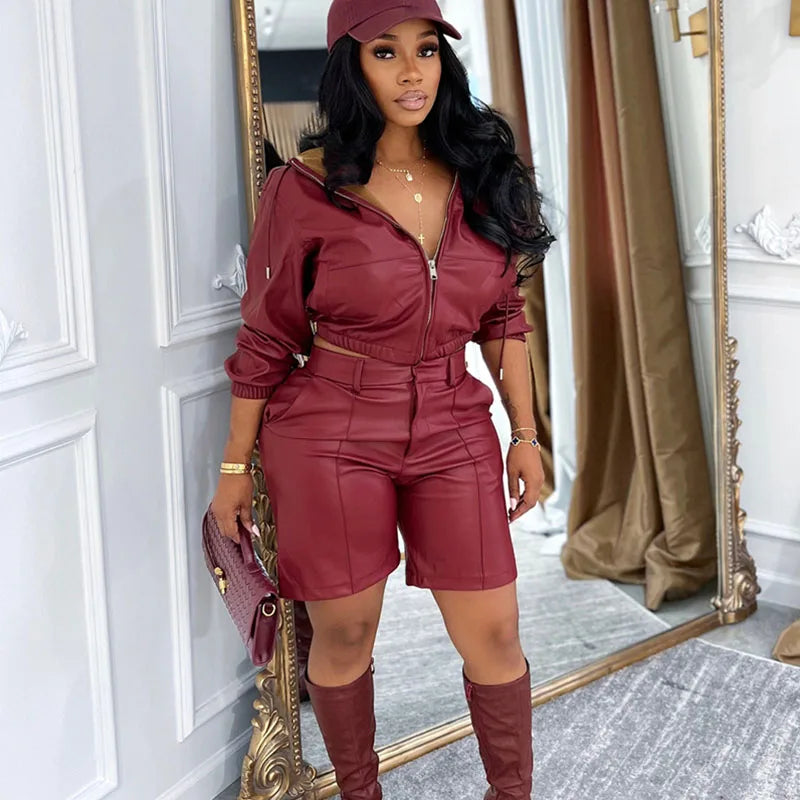 Doyerl PU Faux Leather 2 Pieces Set for Woman Motorcycle Long Sleeve Zip Hooded Cropped Jacket and Shorts Matching Sets Outfits