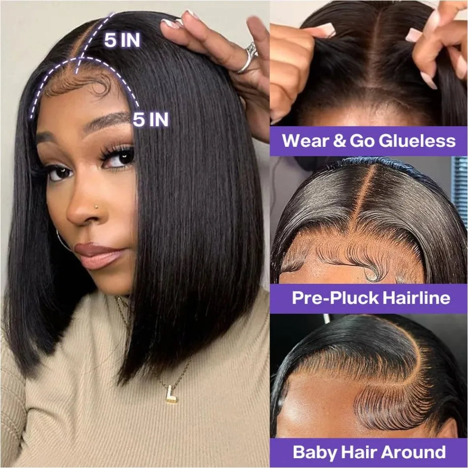 Wear And Go Glueless Bob Wig Human Hair Pre Plucked Pre Cut 5X5 Hd Transparent Lace Front Wigs For Women Straight Short Bob Wigs