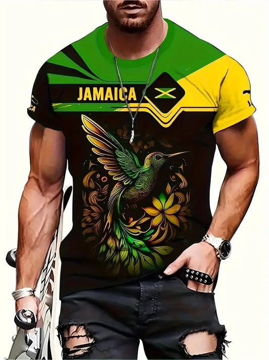 3D Print Jamaica Hummingbird Graphic T-Shirt For Men Casual Short Sleeve Crew Neck Tshirts Men's Plus Size  Jamaica Flag Tshirt