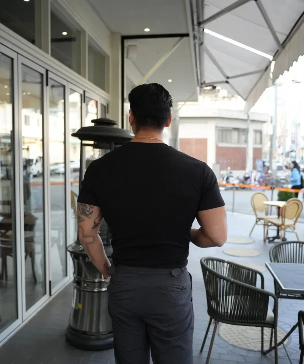 2025 new Fashion Fitness Training T-shirt Men's Summer Sports Leisure Round Neck Elastic Short Sleeve Vertical Stripe T-shirt
