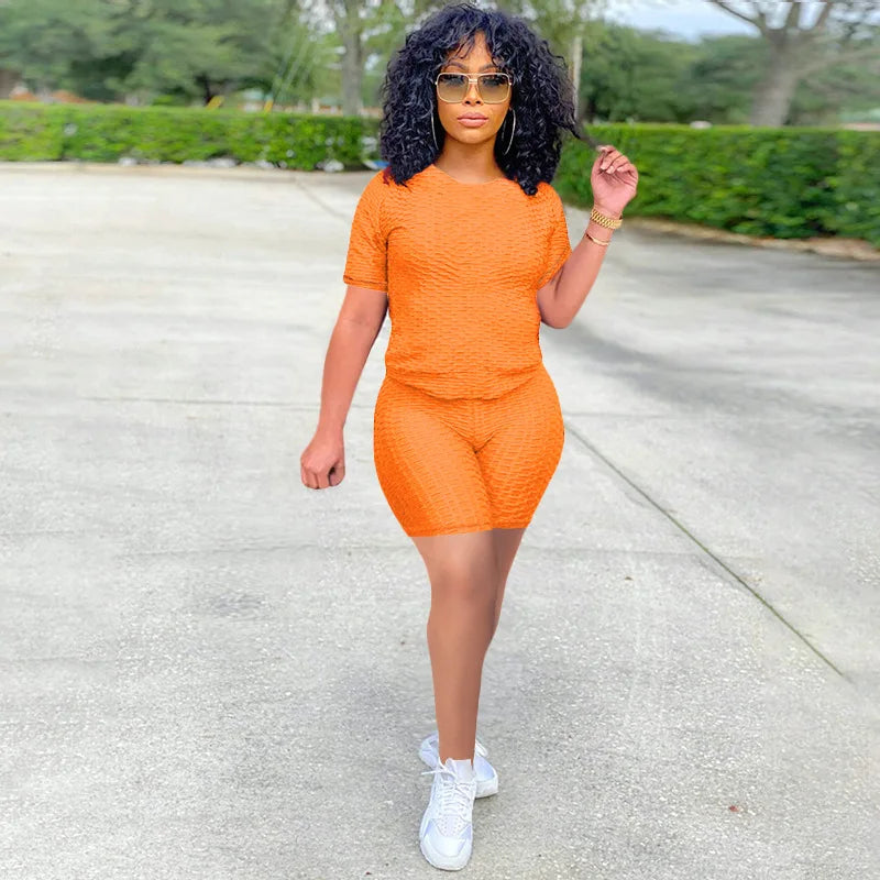 2024 New Summer Round-neck Solid Color Short-sleeved Two-piece Yoga Shorts Women's Sports Suit