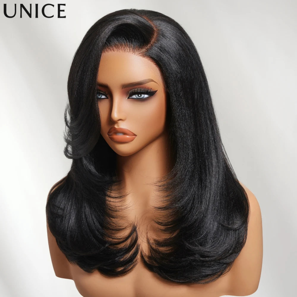 UNice Bye-Bye Knots™ 7x5 Lace Pre Layered Side Part Yaki Straight Wig Human Hair Glueless Wig Short Bob Wigs 150% Density