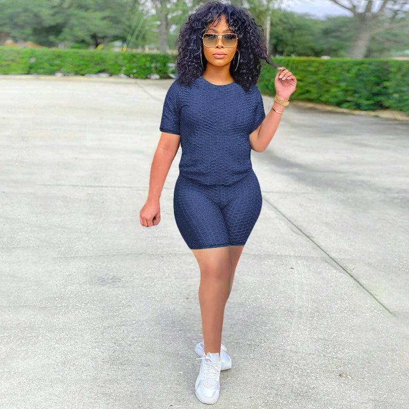 2024 New Summer Round-neck Solid Color Short-sleeved Two-piece Yoga Shorts Women's Sports Suit