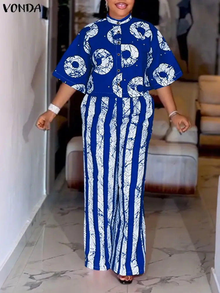 5XL VONDA Plus Size 2 Piece Outfits Autumn Women Bohemian 3/4 Sleeve Fashion Shirts Wide Leg Pants Print Vintage Pant Sets 2PCS