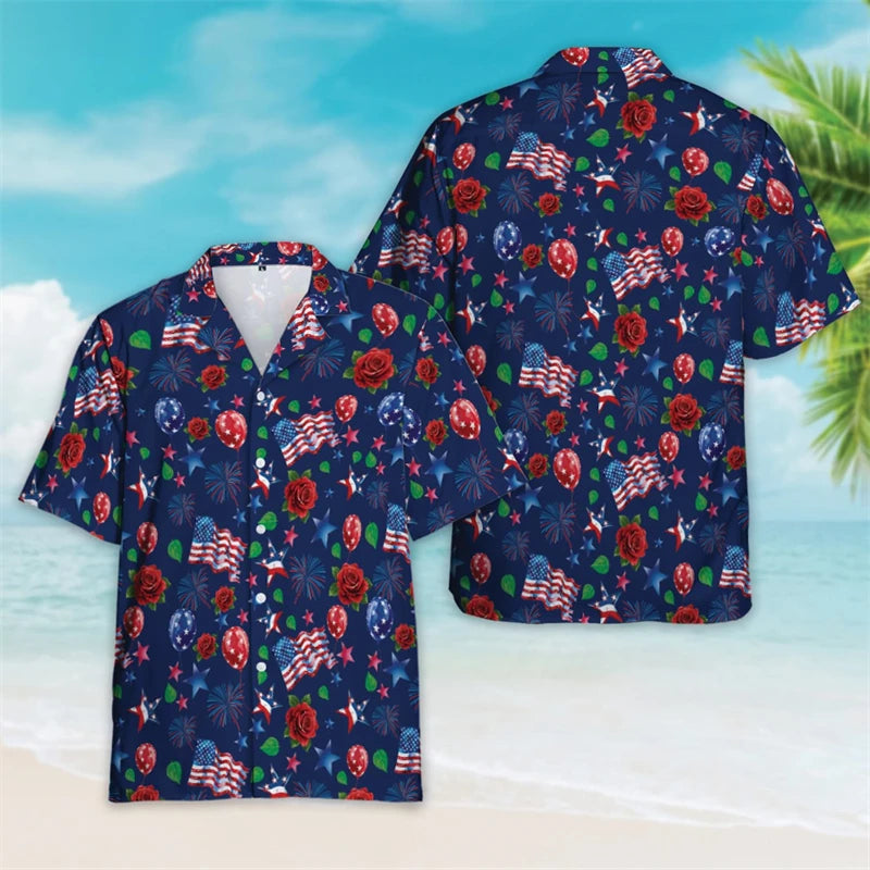 4th Of July Shirts For Men Clothes USA Flag Lapel Blouse Patriotic Hawaii Button Clothes  American Independence Day Short Sleeve
