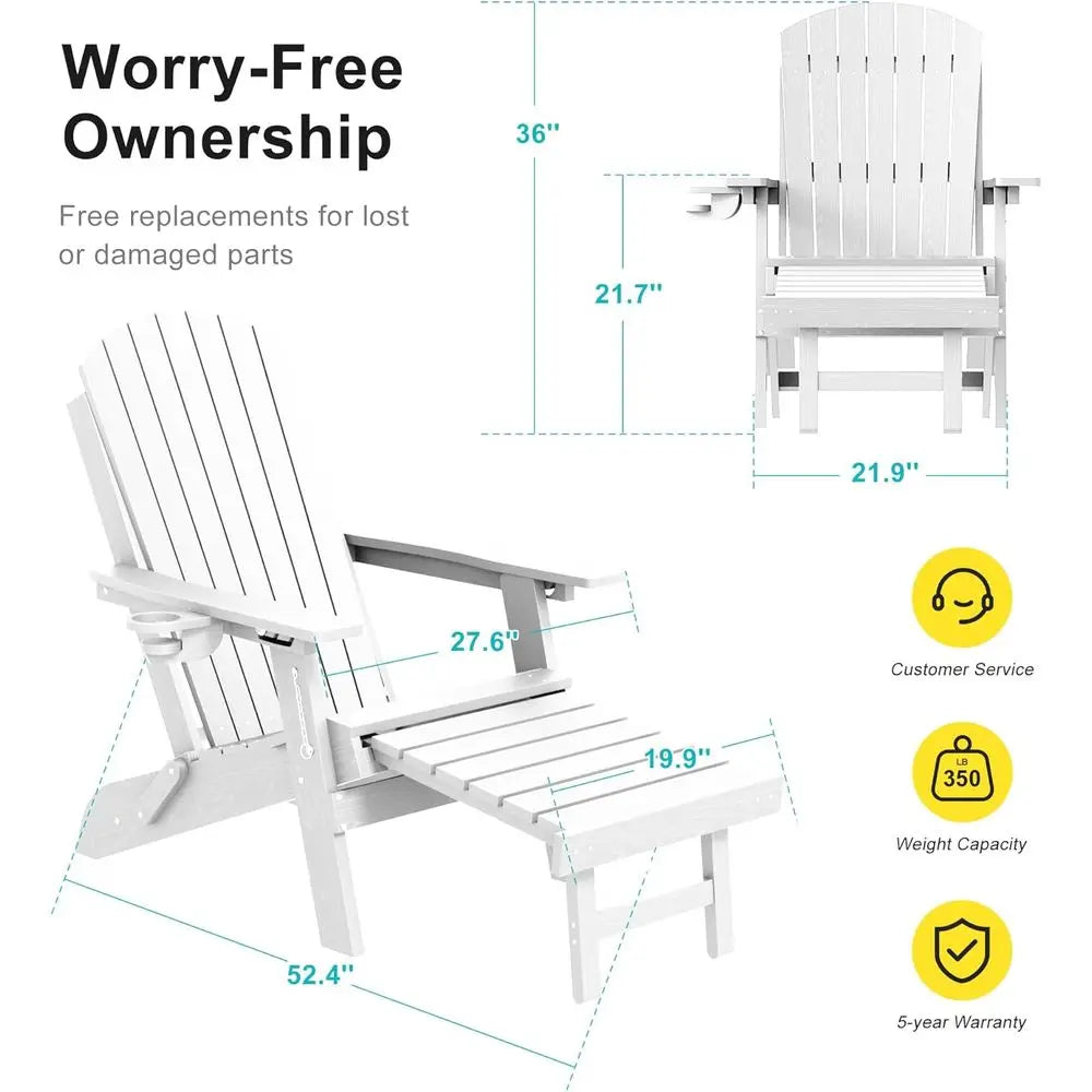 3-Position Adjustable Folding Adirondack Chair Set with Retractable Ottoman, Weather-Resistant Patio Furniture for 2, Including