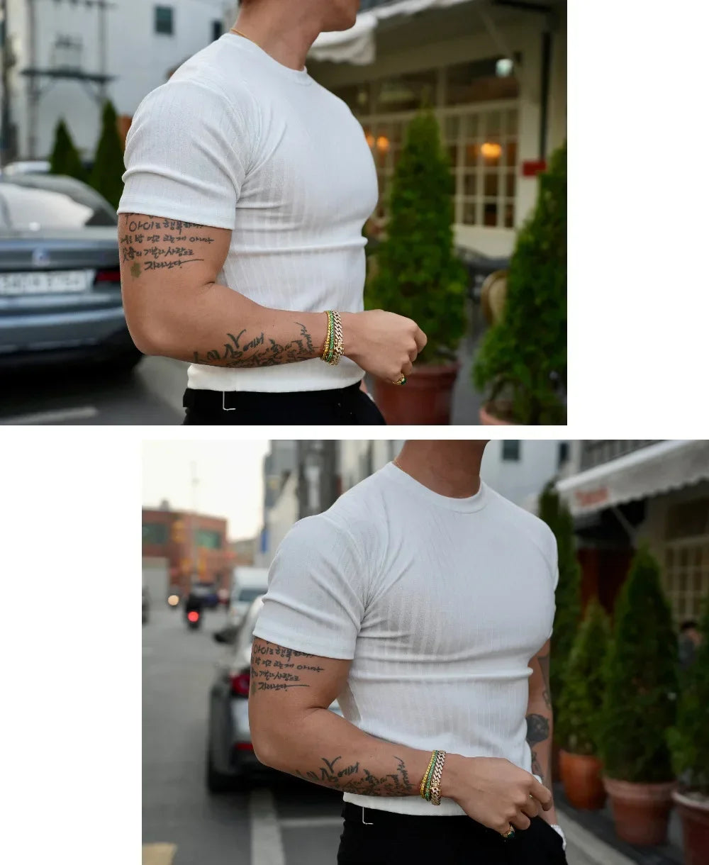 2025 new Fashion Fitness Training T-shirt Men's Summer Sports Leisure Round Neck Elastic Short Sleeve Vertical Stripe T-shirt