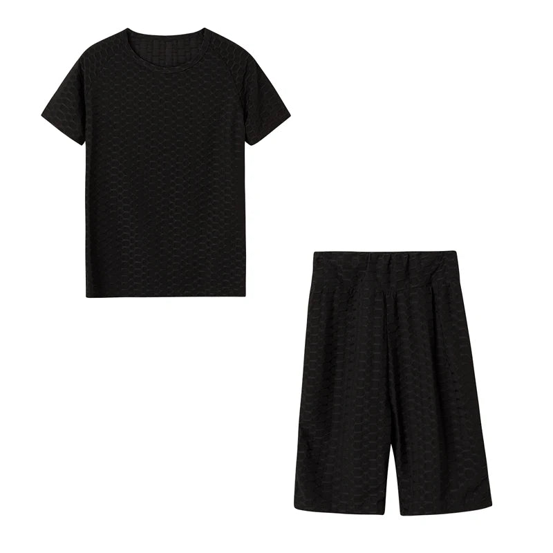 2024 New Summer Round-neck Solid Color Short-sleeved Two-piece Yoga Shorts Women's Sports Suit