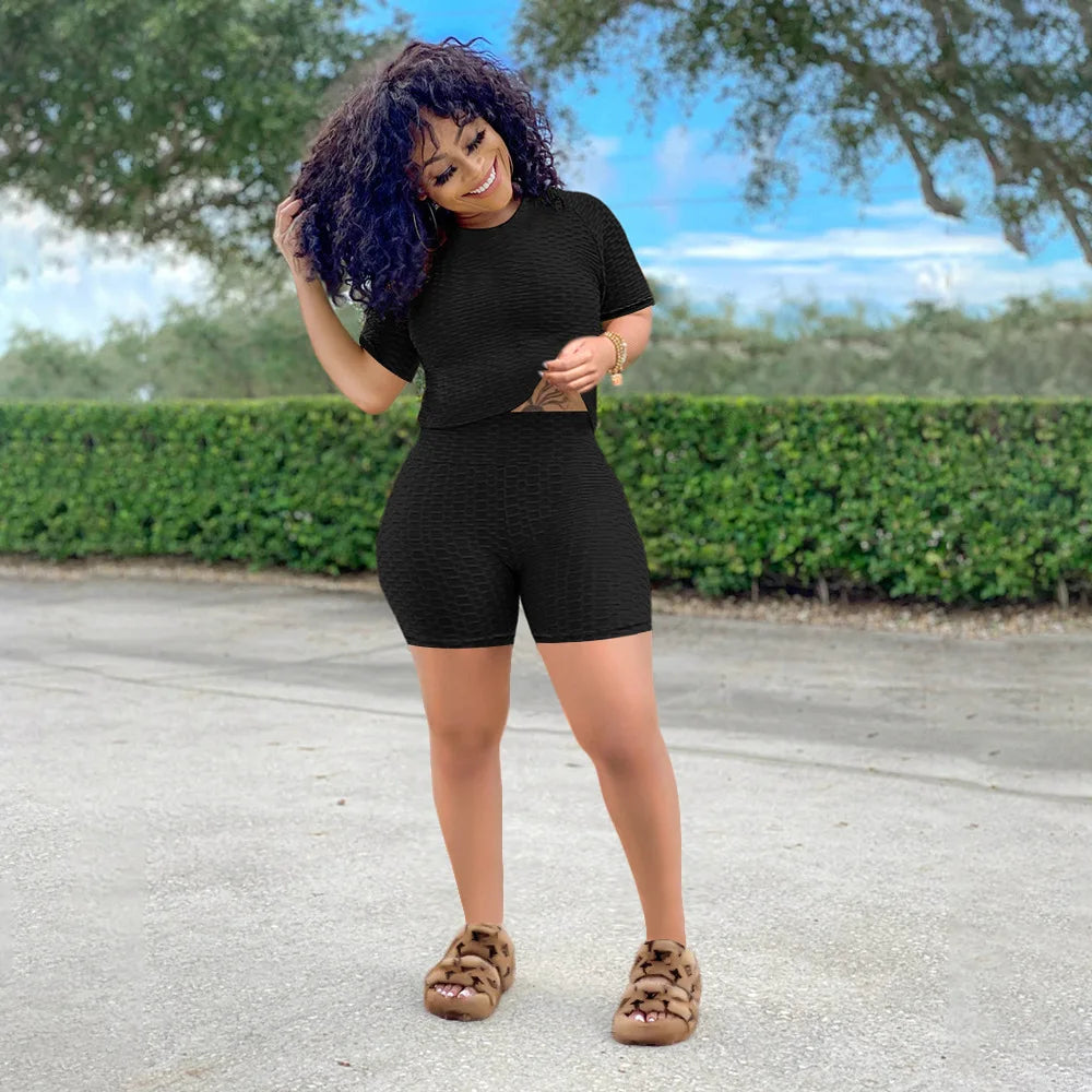 2024 New Summer Round-neck Solid Color Short-sleeved Two-piece Yoga Shorts Women's Sports Suit