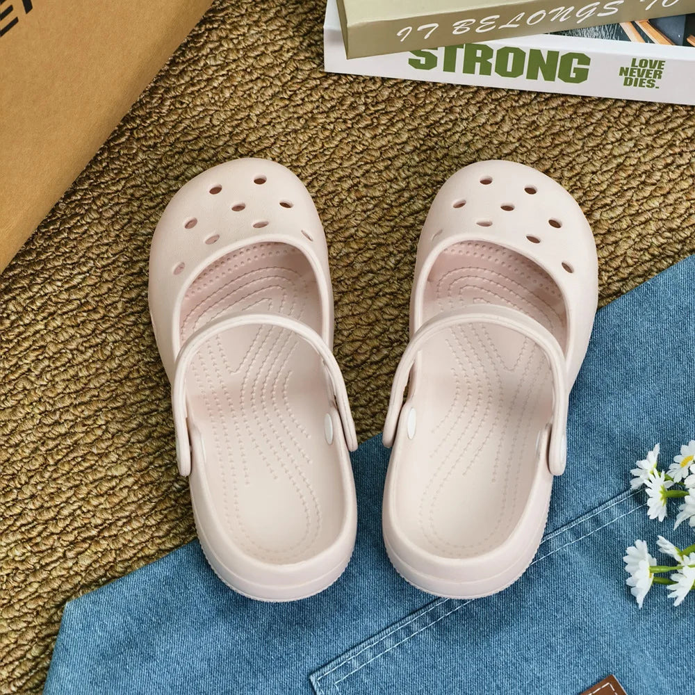 Summer New Women's Cute Ballet Hole Shoes Retro EVA Outer Wear Mary Jane Shoes Anti Slip Outdoor Beach Sandals