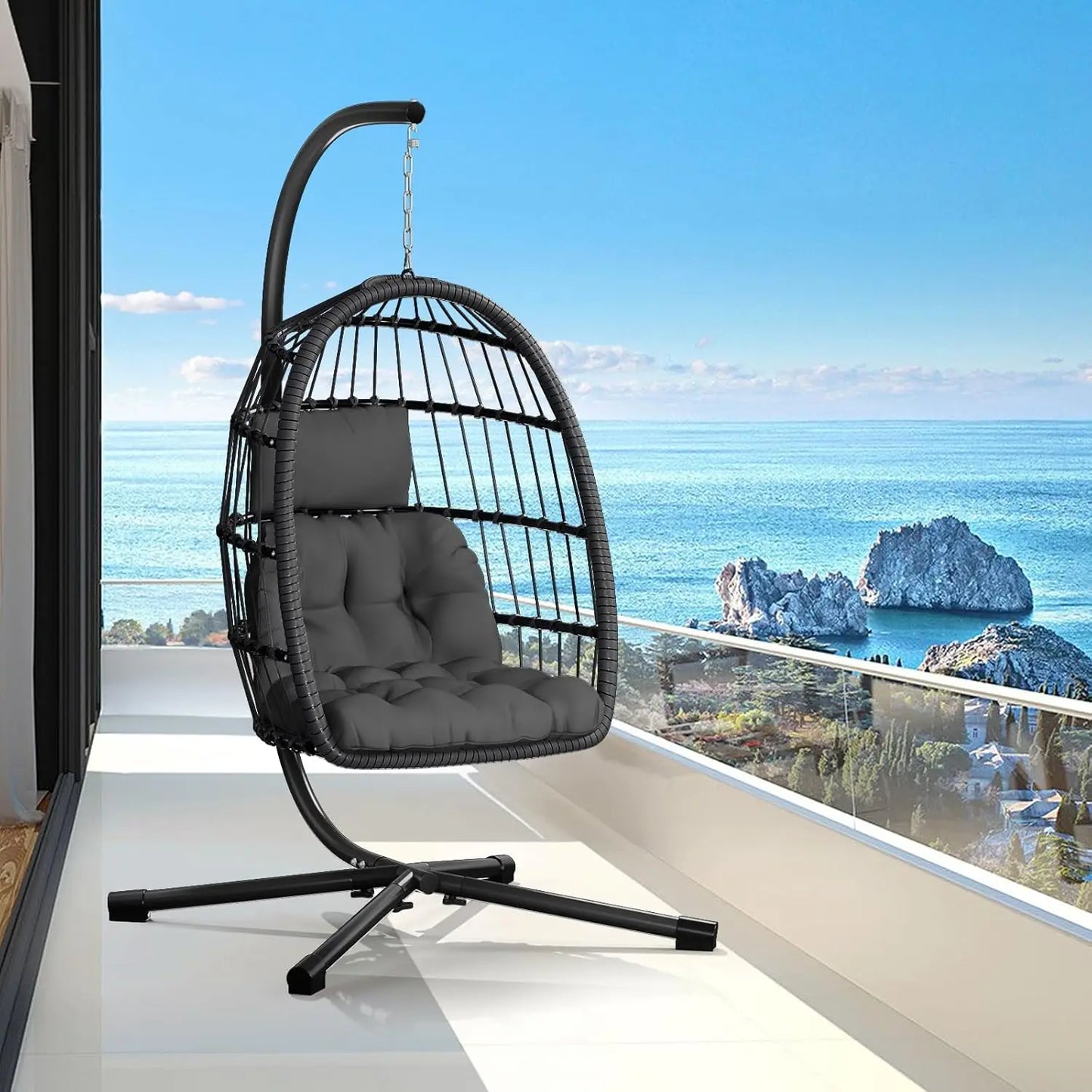Double Egg Swing Chair with Stand - 2 Person Outdoor Patio Hanging Wicker Hammock Chair with Cushion, Customized