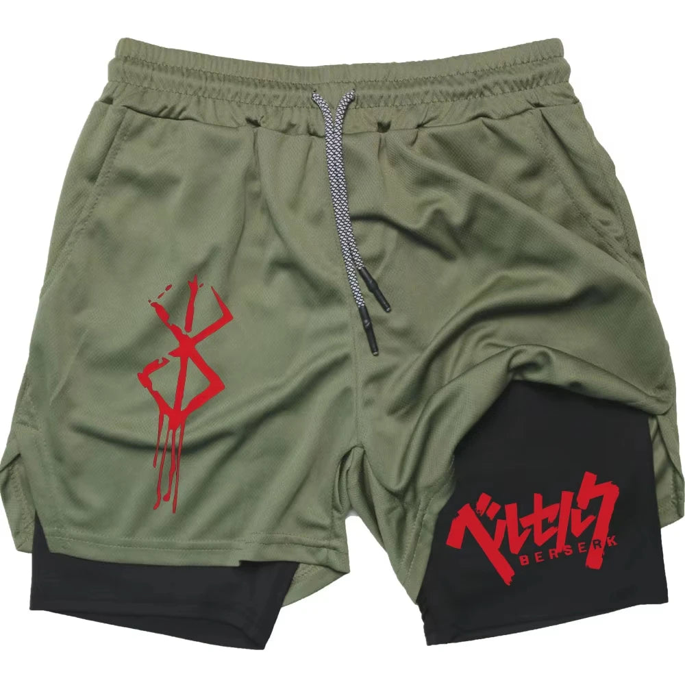 Anime Berserk Performance Shorts Men 2 in 1 Running Compression Shorts Training Yoga Gym Sportswear Workout Shorts with Pockets