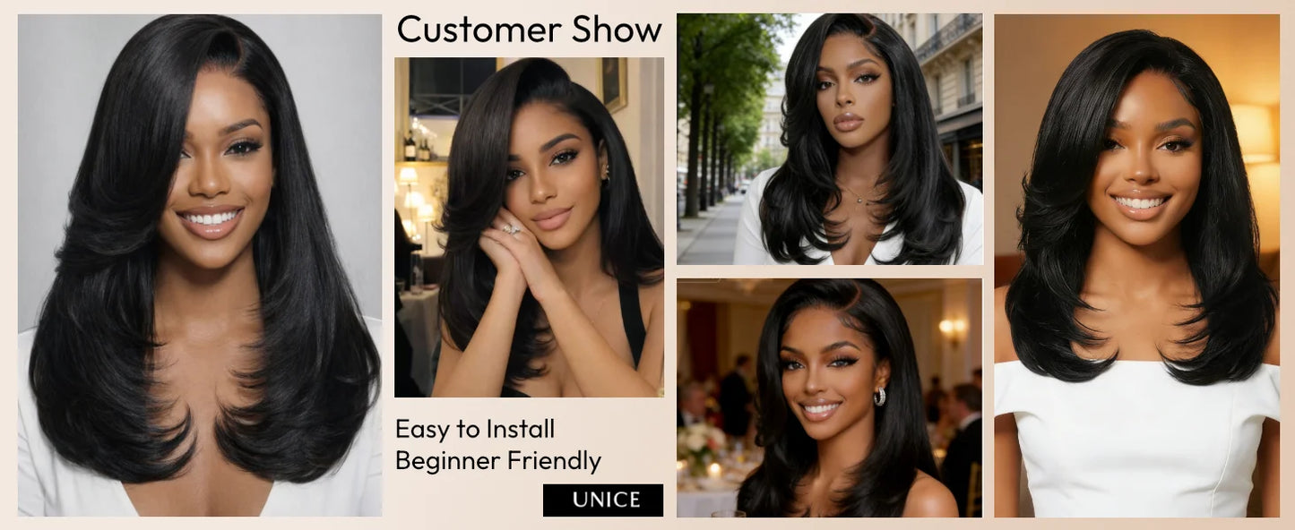 UNice Bye-Bye Knots™ 7x5 Lace Pre Layered Side Part Yaki Straight Wig Human Hair Glueless Wig Short Bob Wigs 150% Density
