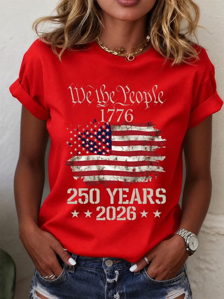 ilstile Women's We The People 1776 T-Shirt 250th Anniversary 1776-2026 American Flag Patriotic 4th of July Casual Tops