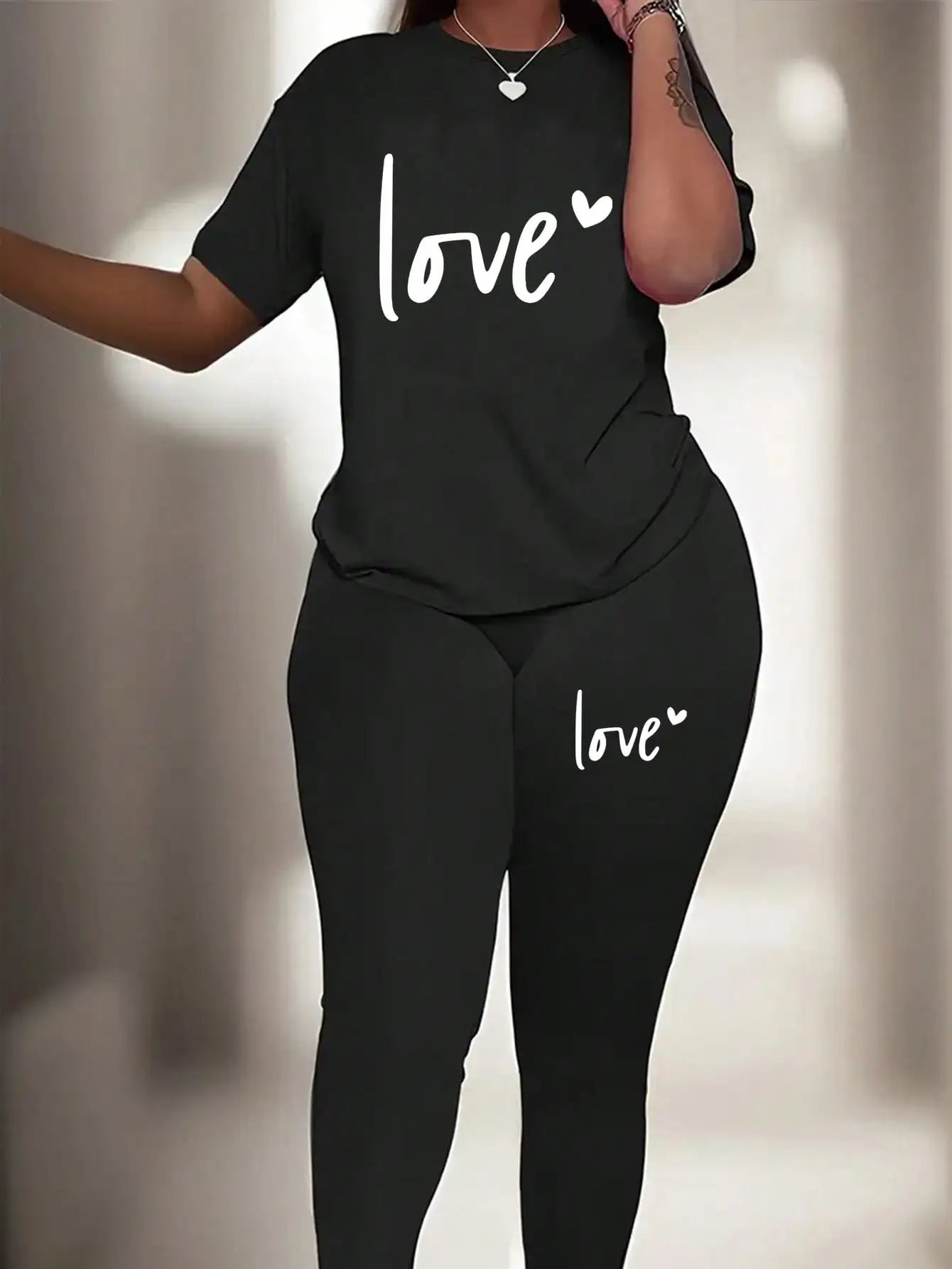Spring and summer casual two-piece set, expressing love, round neck short sleeved T-shirt and pants set, women's clothing