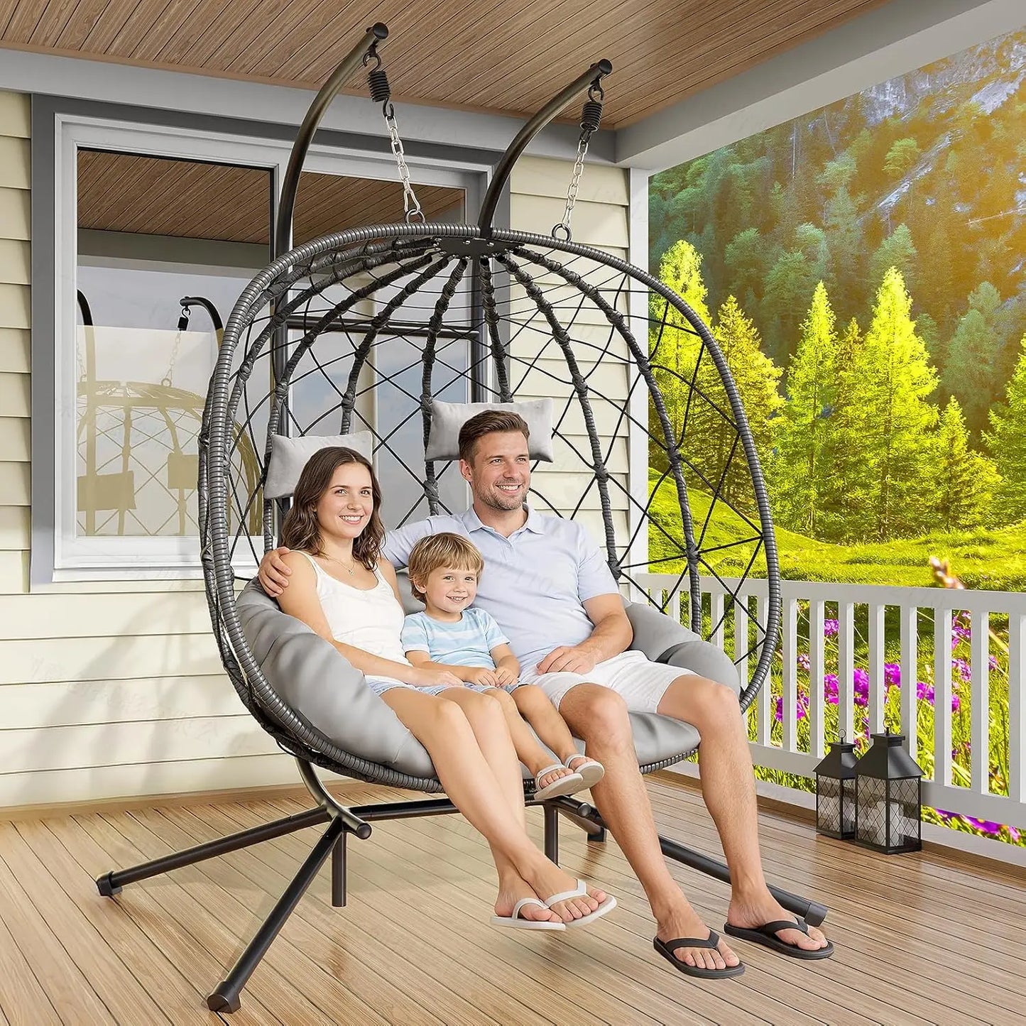 Double Egg Swing Chair with Stand - 2 Person Outdoor Patio Hanging Wicker Hammock Chair with Cushion, Customized