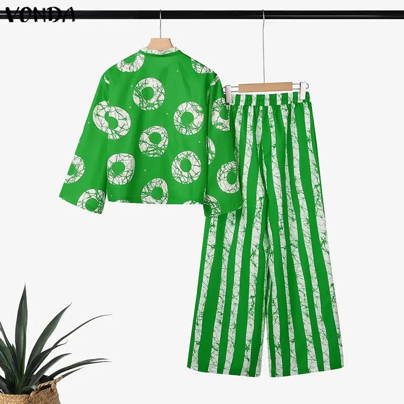 5XL VONDA Plus Size 2 Piece Outfits Autumn Women Bohemian 3/4 Sleeve Fashion Shirts Wide Leg Pants Print Vintage Pant Sets 2PCS
