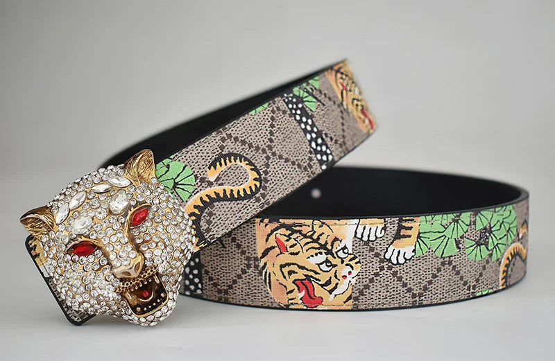 Western Tiger Print Leather Tiger Rhinestone Dragons Snake Alloy Buckle Jeans Causal Pants Men Belt