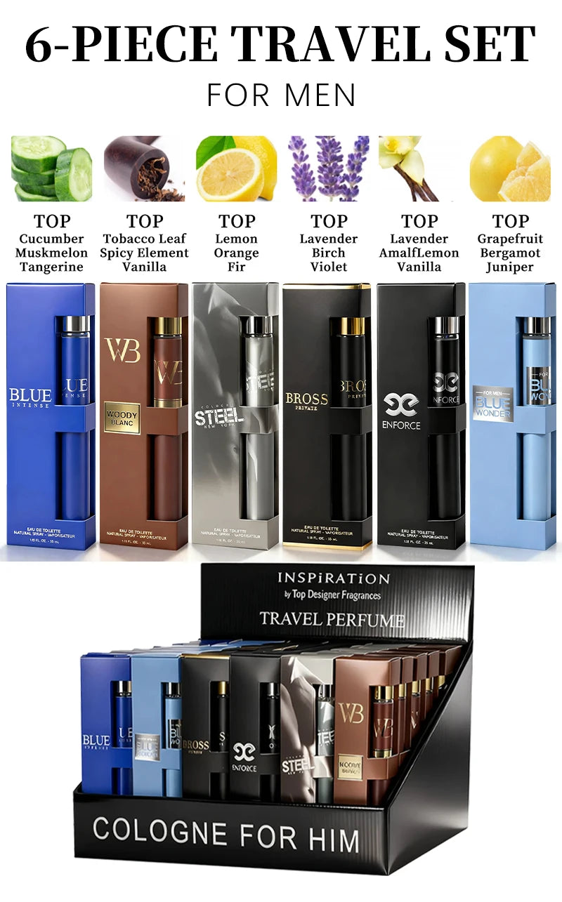 6-piece travel set, men's and women's eau de toilette spray, long-lasting fragrance, 6 different flavors, perfect for holiday gi