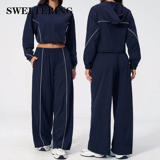 Summer Sunscreen Sports Set Women Zipper Windproof Hooded Sunscreen Fitness Set Yoga Outfits Female Outdoor Workout Cycling Set