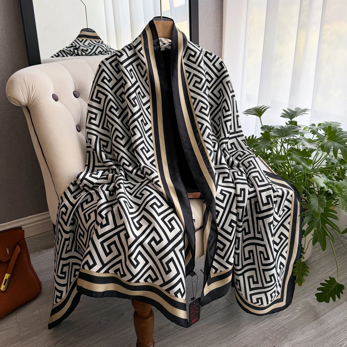 New Geometry Design Large Silk Soft Scarf Women Stylish Print Long Shawl Handkerchief Summer Sun protection Elegant Travel Wrap