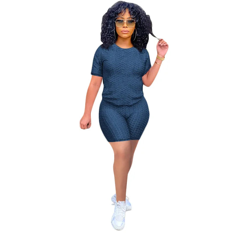 2024 New Summer Round-neck Solid Color Short-sleeved Two-piece Yoga Shorts Women's Sports Suit
