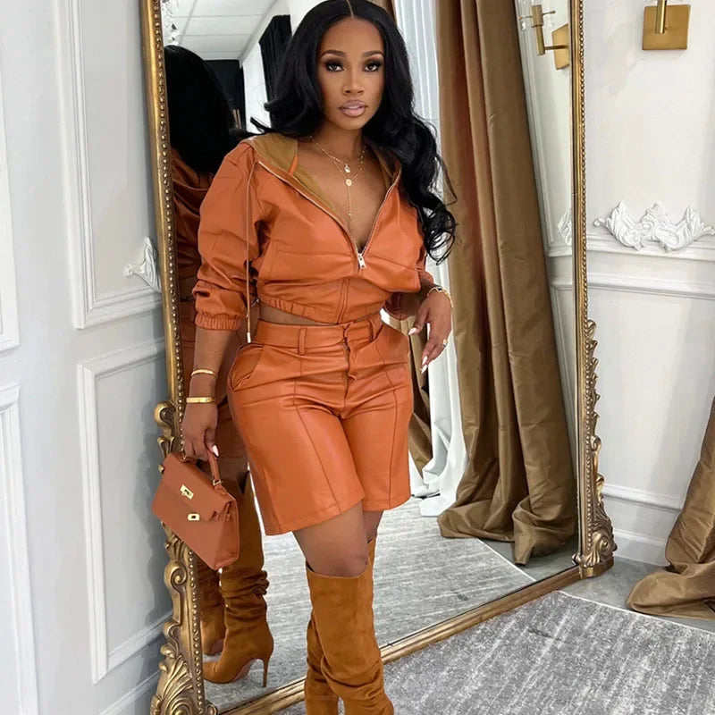 Doyerl PU Faux Leather 2 Pieces Set for Woman Motorcycle Long Sleeve Zip Hooded Cropped Jacket and Shorts Matching Sets Outfits