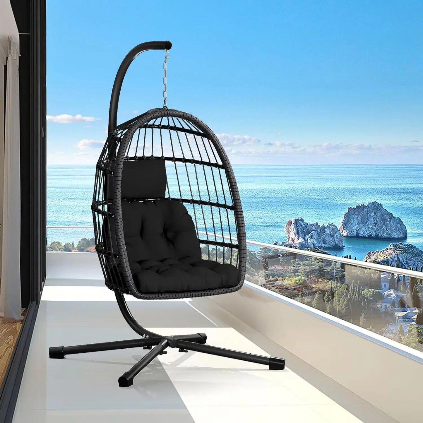Double Egg Swing Chair with Stand - 2 Person Outdoor Patio Hanging Wicker Hammock Chair with Cushion, Customized