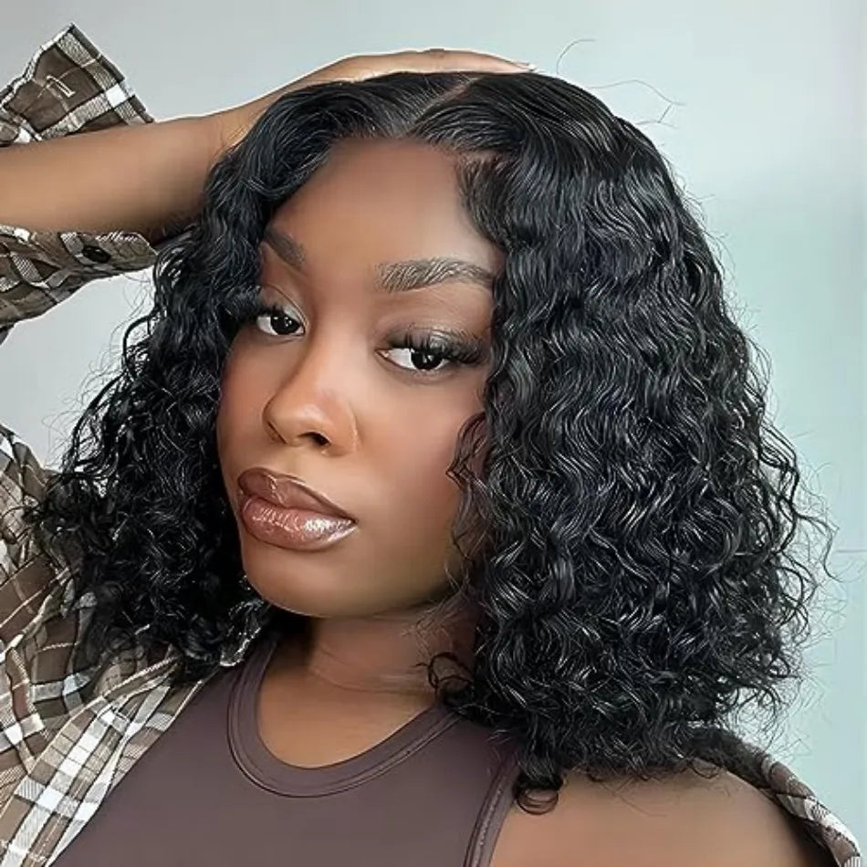 Deep Wave Lace Frontal Wigs 4x4 5x5 Glueless Wig Bob Wig Human Hair Pre Plucked HD Transparent Lace For Women Natural Black 16In
