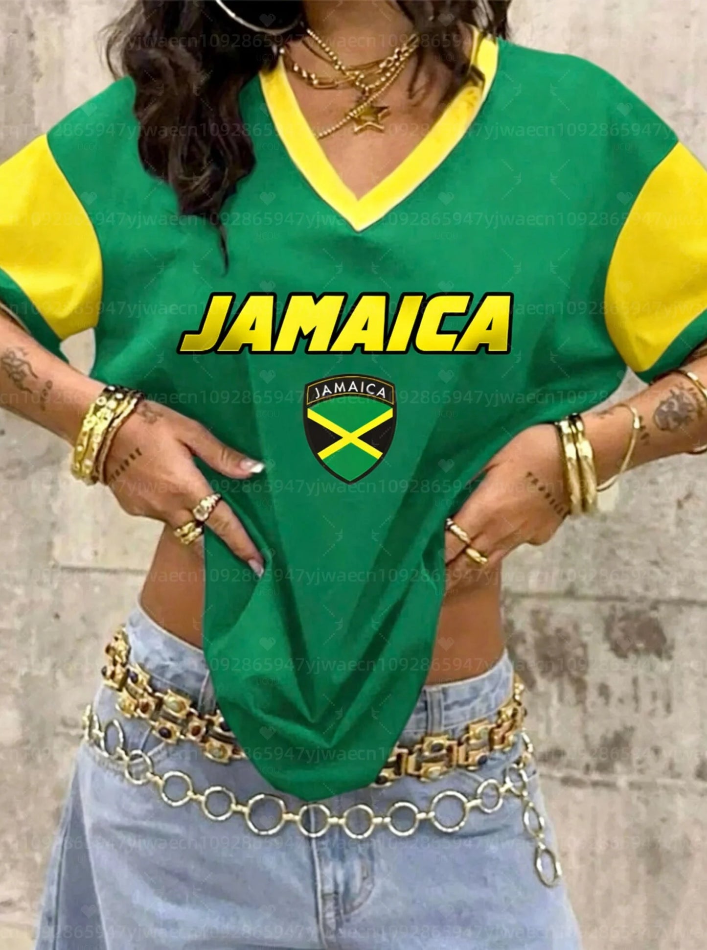 26 Women Summer Jamaican Flag Graphic Print V-Neck Short Sleeve T-Shirt Men Women Tops Retro Street Ladies Sport Plus Size Tops