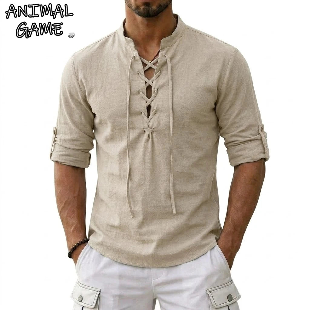 Men's Long Sleeved Linen T-Shirts Medieval Vintage Viking Top Cotton Shirts Men Halloween Costume Breathable Tops Yoga Shirts