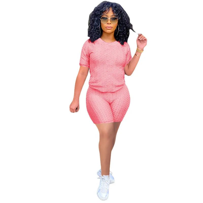 2024 New Summer Round-neck Solid Color Short-sleeved Two-piece Yoga Shorts Women's Sports Suit
