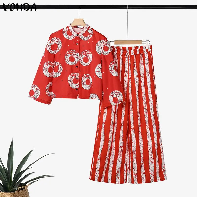 5XL VONDA Plus Size 2 Piece Outfits Autumn Women Bohemian 3/4 Sleeve Fashion Shirts Wide Leg Pants Print Vintage Pant Sets 2PCS