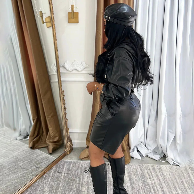 Doyerl PU Faux Leather 2 Pieces Set for Woman Motorcycle Long Sleeve Zip Hooded Cropped Jacket and Shorts Matching Sets Outfits