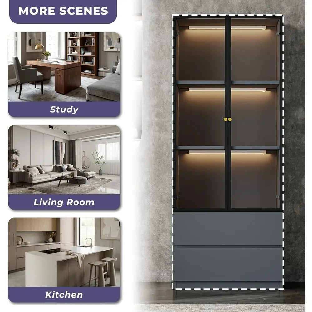 Illuminated Glass Display Cabinet with Two Drawers, 3-Tier Storage Hutch, Wooden Showcase for Dining Room and Kitchen